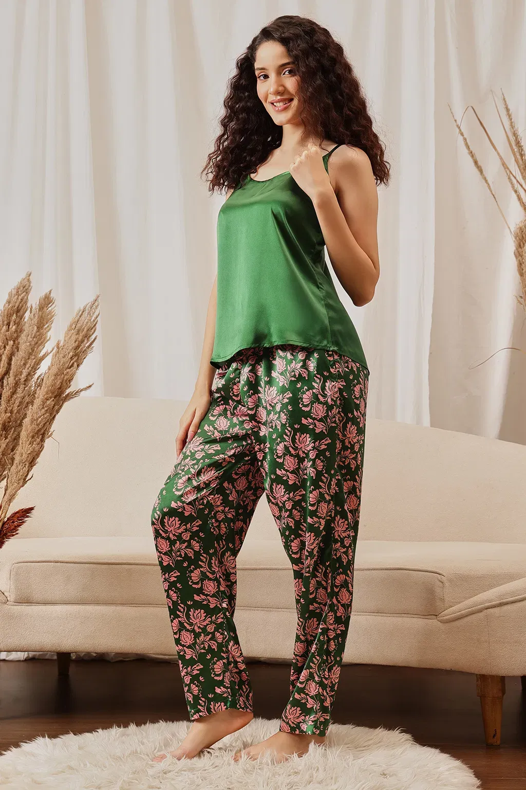 3 Pc Set in Fern Green - Cami Top, Pyjama & Robe - Satin