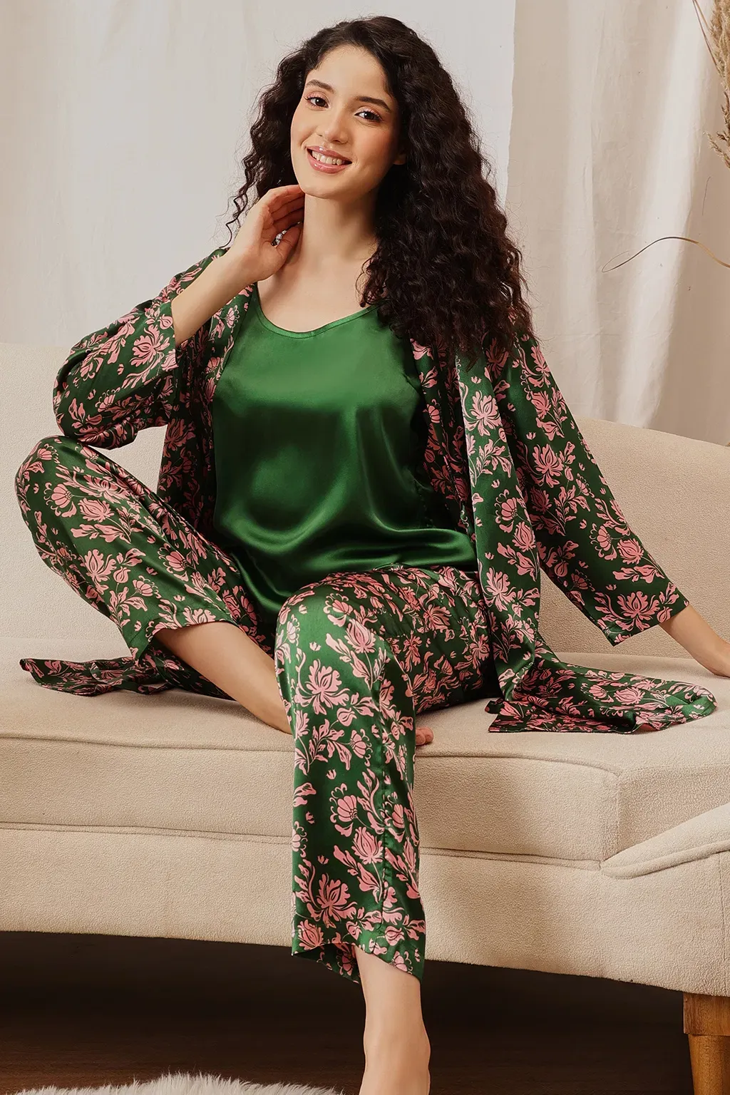 3 Pc Set in Fern Green - Cami Top, Pyjama & Robe - Satin image 2