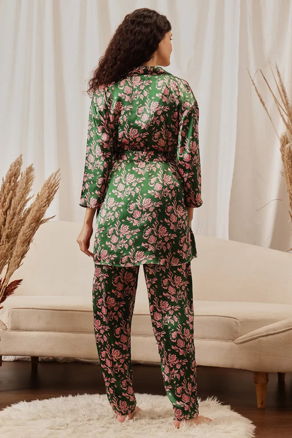 3 Pc Set in Fern Green - Cami Top, Pyjama & Robe - Satin image 3