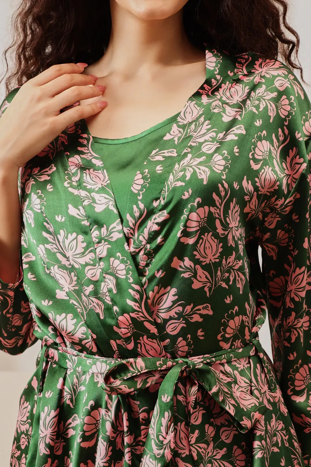 3 Pc Set in Fern Green - Cami Top, Pyjama & Robe - Satin image 5
