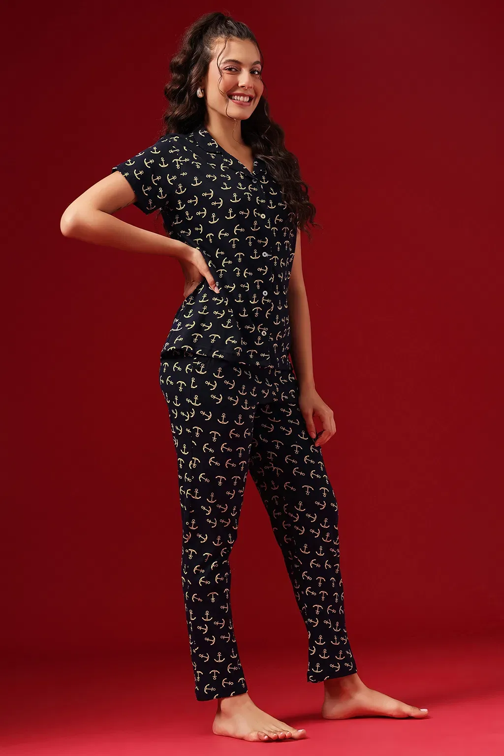 Anchor Print Button-Down Shirt & Pyjama Set in Navy Colour - 100% Cotton image 4