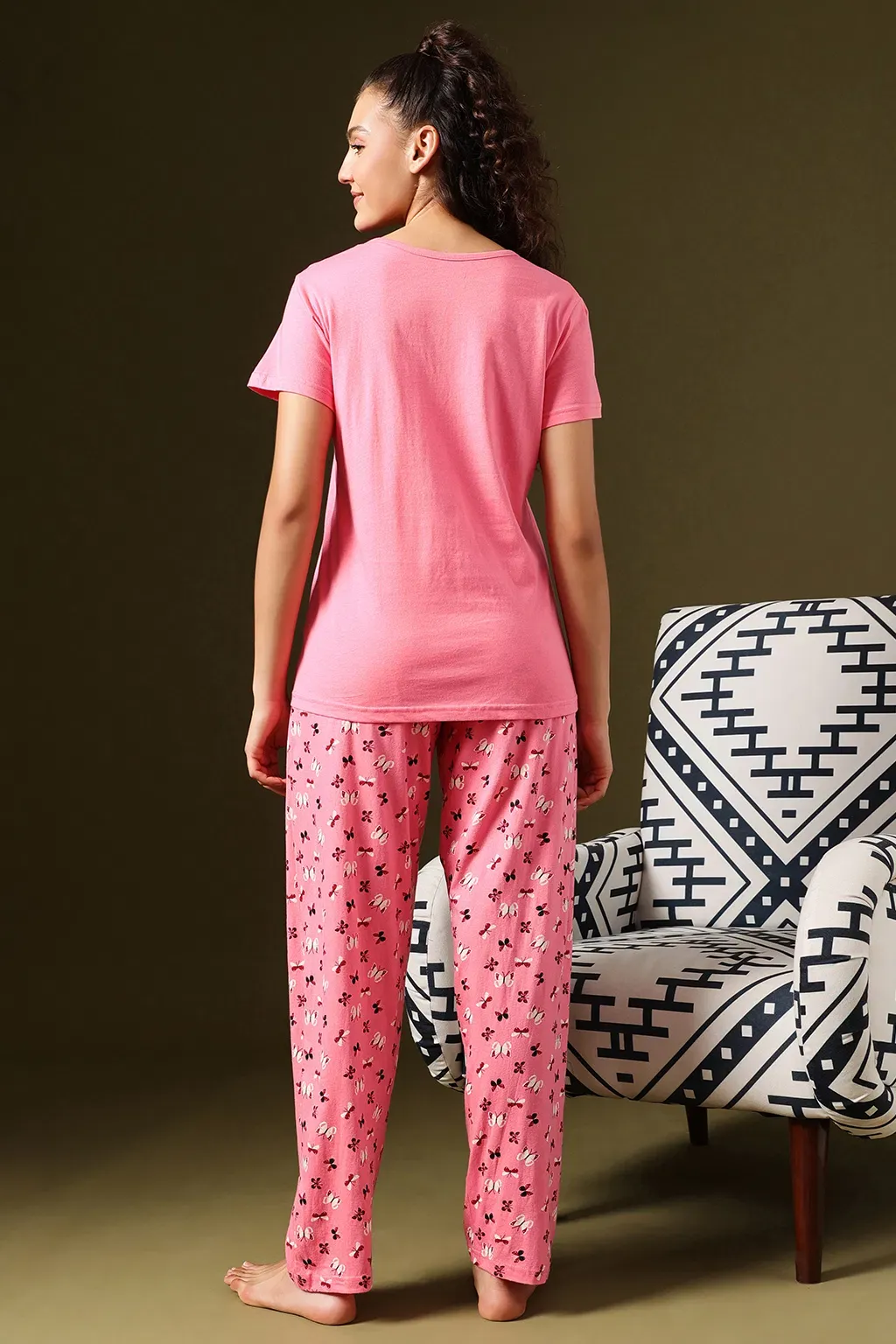 Butterfly Print Top & Pyjama in Peach Pink - 100% Cotton