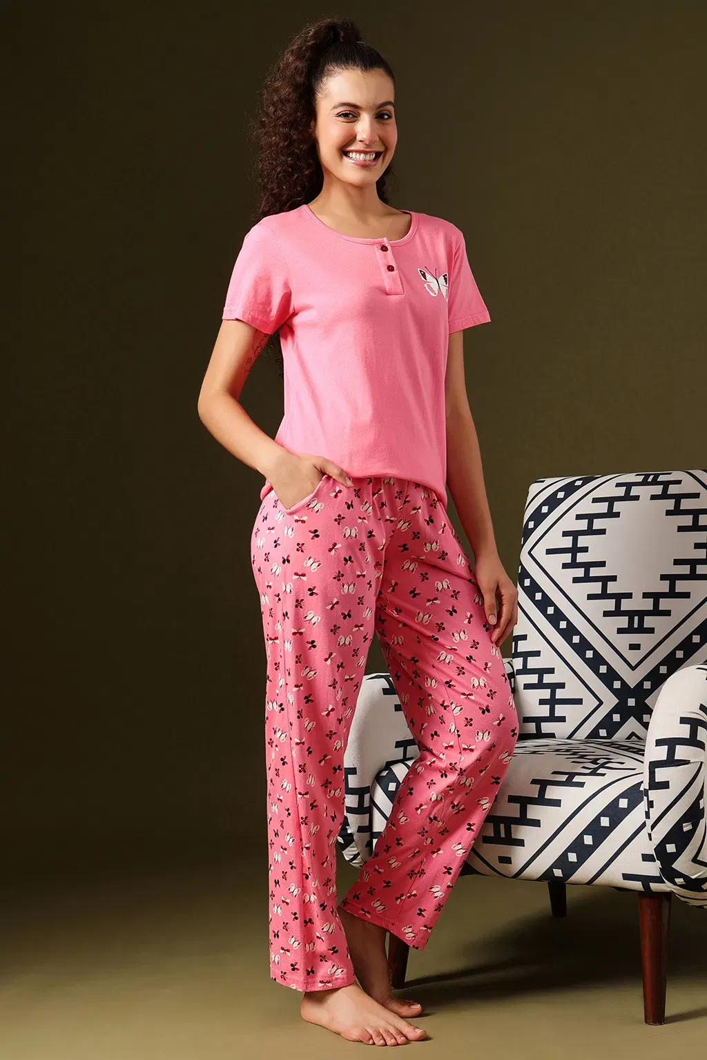 Butterfly Print Top & Pyjama in Peach Pink - 100% Cotton image 3