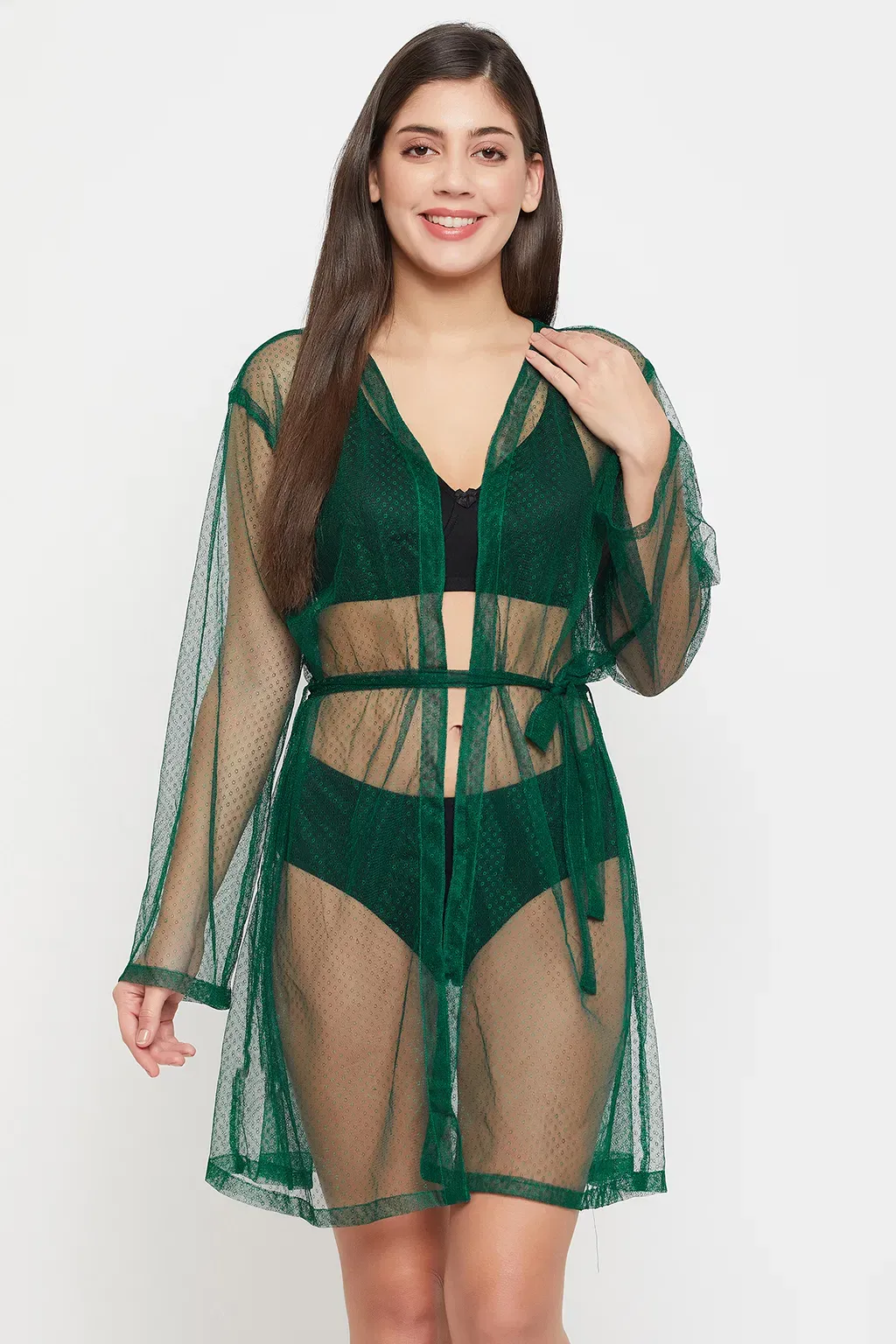 Chic Basic Sheer Robe in Dark Green - Mesh image 2