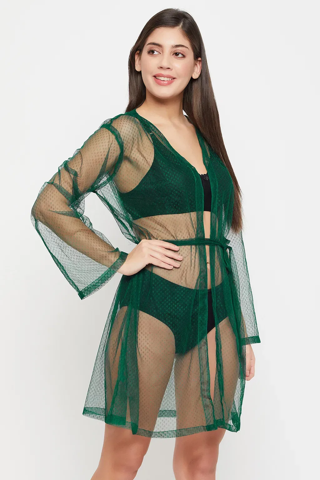 Chic Basic Sheer Robe in Dark Green - Mesh image 3