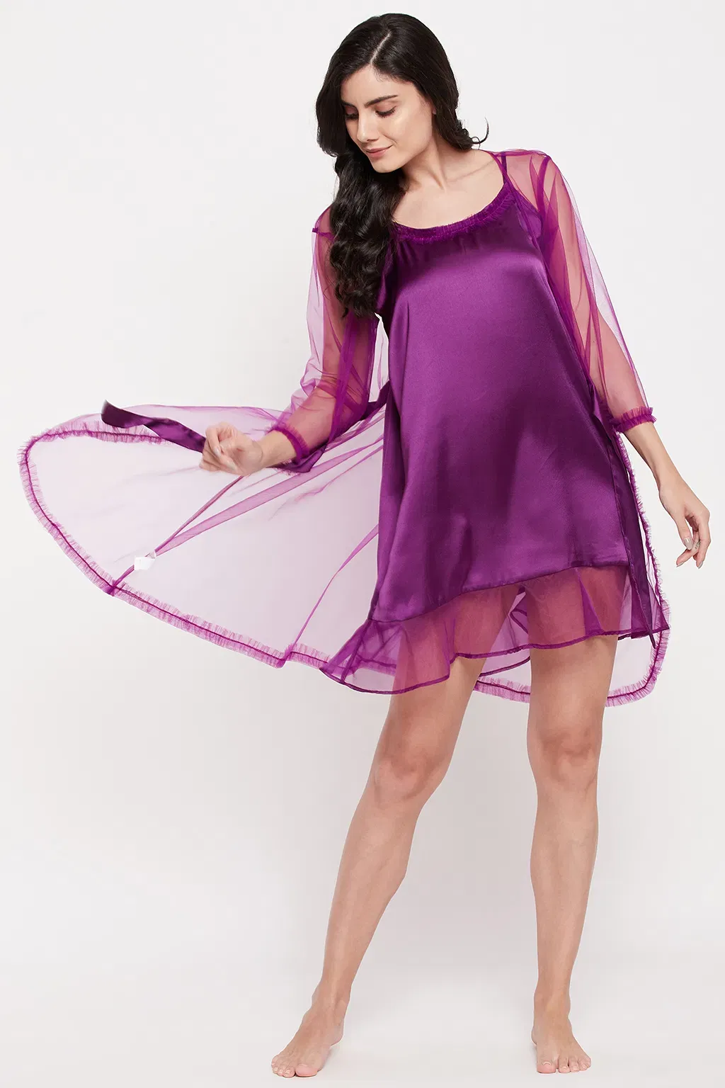 Chic Basic Short Nighty & Robe Set in Purple - Satin image 3