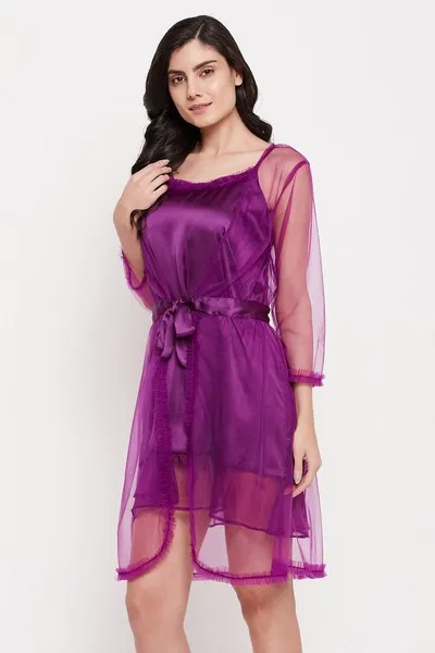 Chic Basic Short Nighty & Robe Set in Purple - Satin image 4