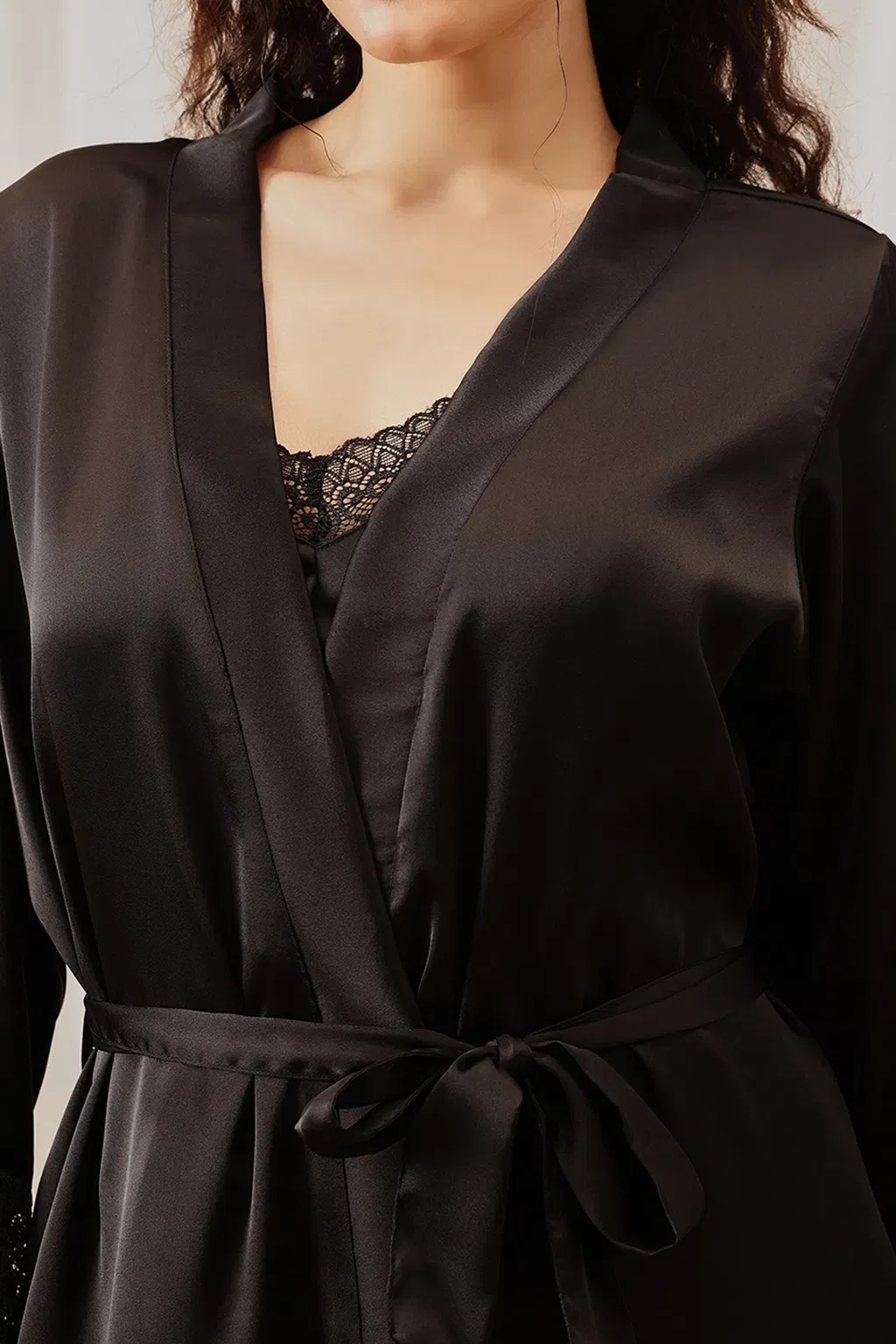 Chic Padded Short Nighty & Robe Set in Black - Satin