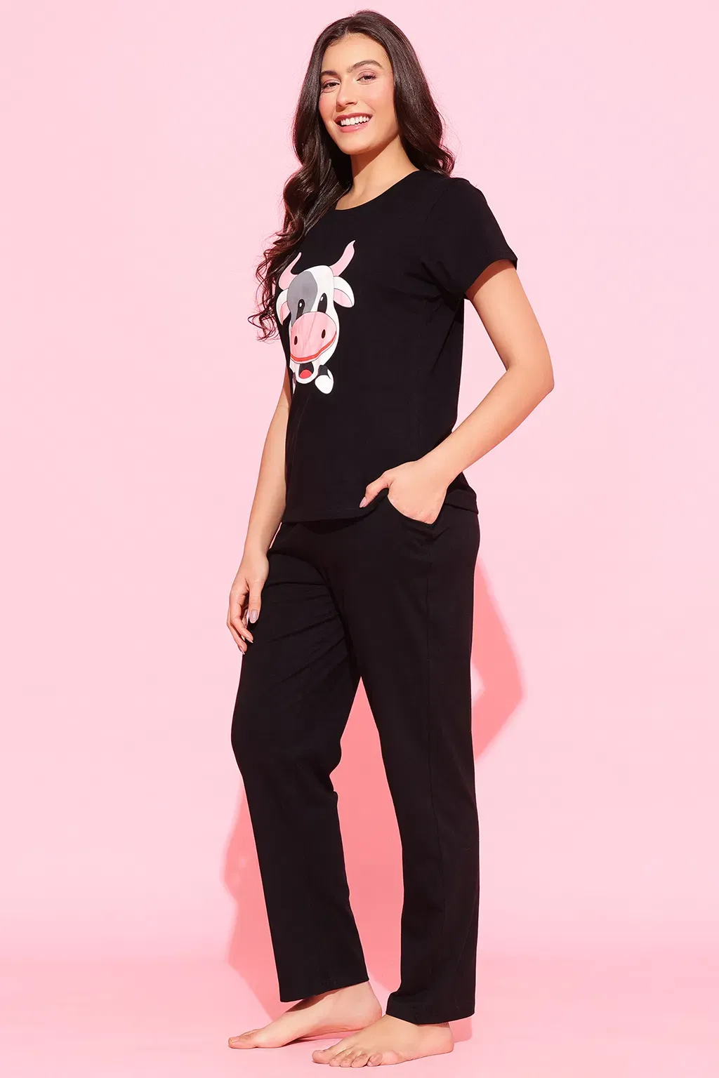 Cow Emoji Print Top & Solid Pyjama Set in Black - 100% Cotton image 2