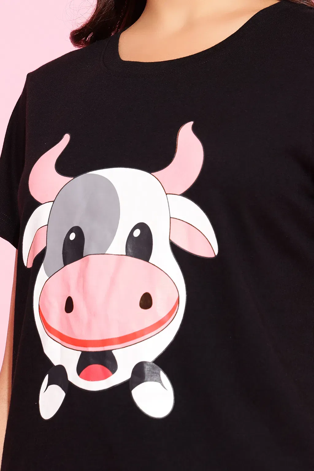Cow Emoji Print Top & Solid Pyjama Set in Black - 100% Cotton image 3