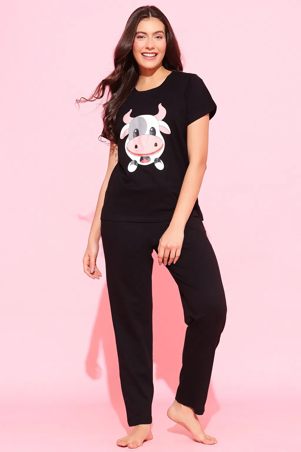 Cow Emoji Print Top & Solid Pyjama Set in Black - 100% Cotton image 5