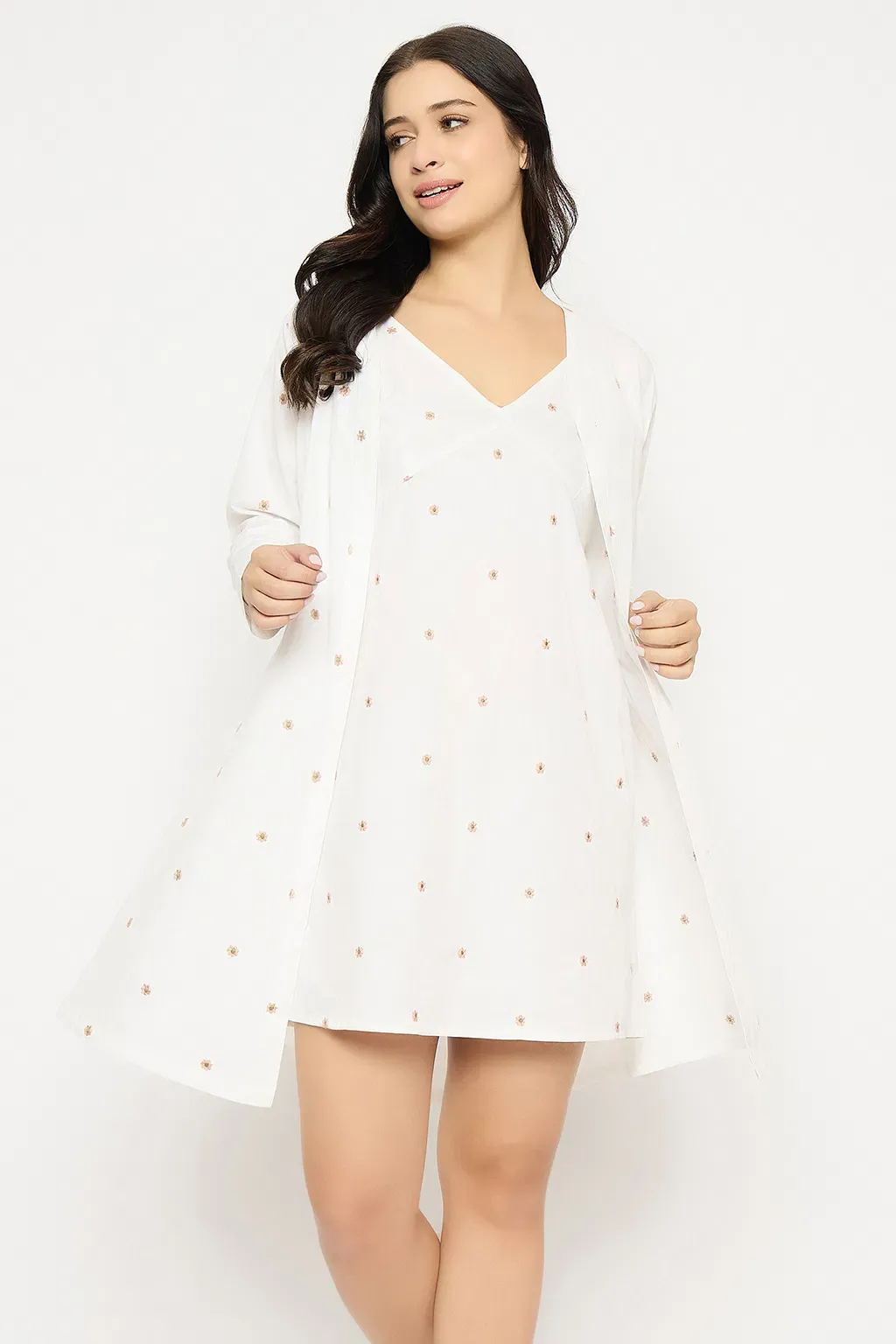 Floral Embroidery Short Nighty & Robe Set in White - 100% Cotton image 2