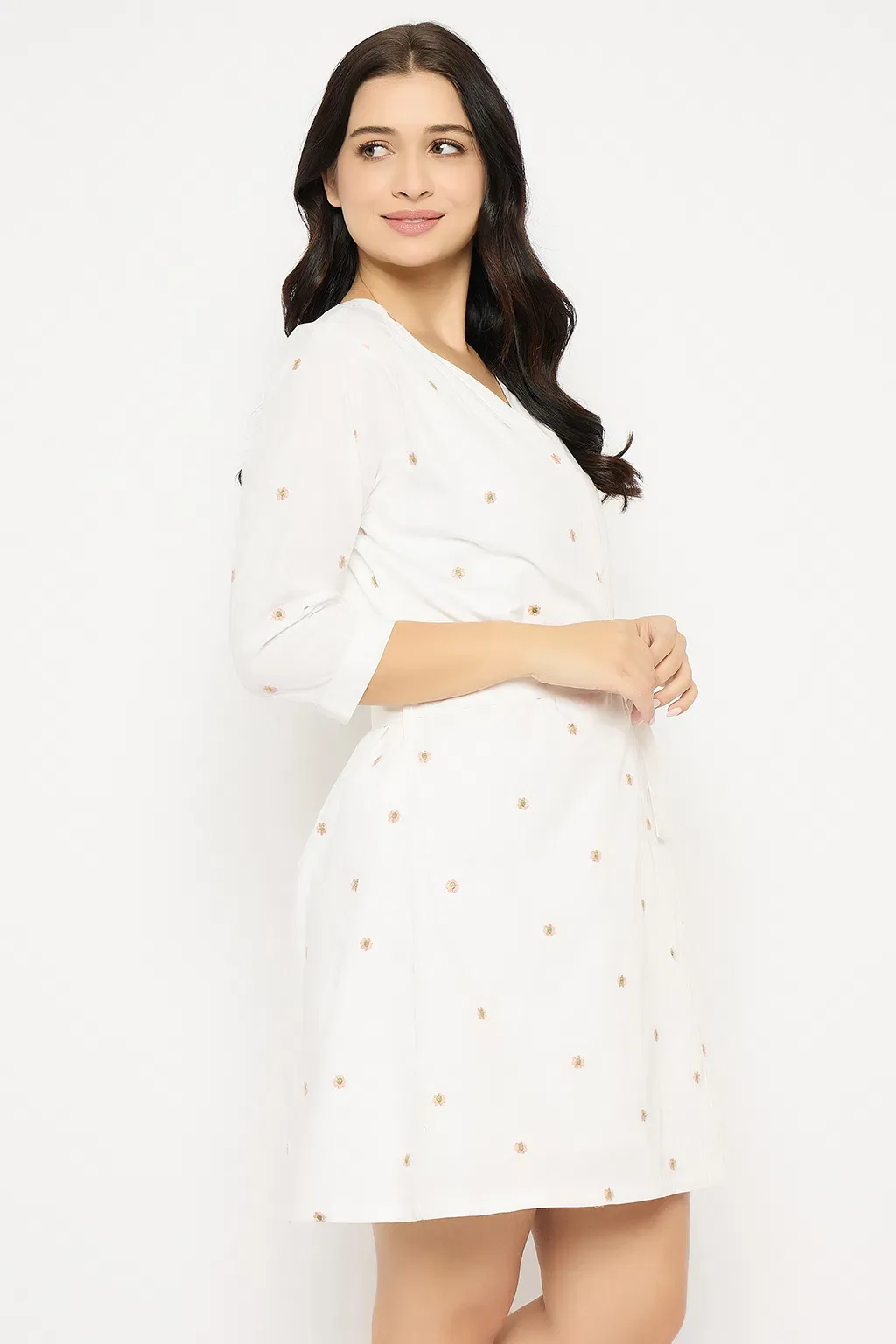 Floral Embroidery Short Nighty & Robe Set in White - 100% Cotton image 4