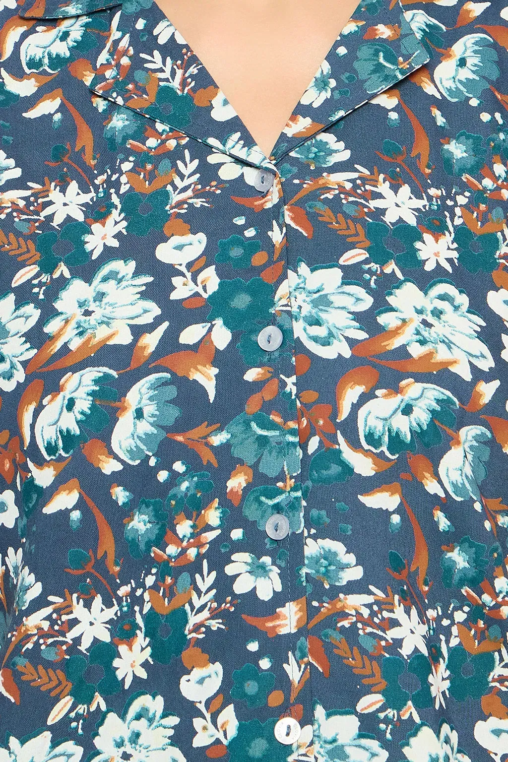 Floral Print Button Down Night Suit in Dark Blue - Rayon image 2