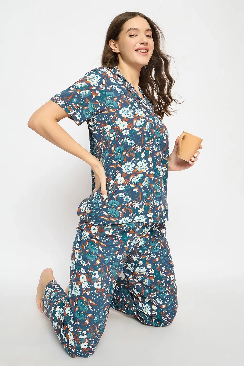 Floral Print Button Down Night Suit in Dark Blue - Rayon image 3