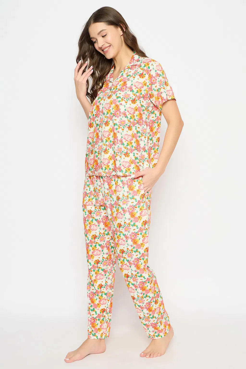 Floral Print Button Down Night Suit in White - Rayon image 4