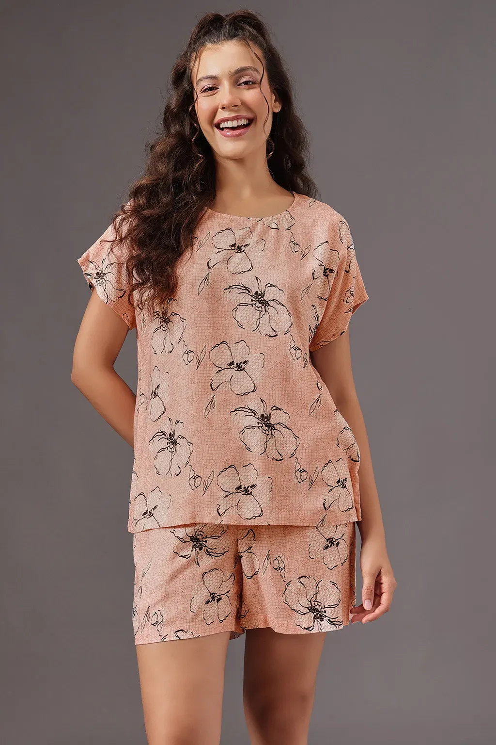Floral Print Button-Down Shirt & Shorts Set in Peach Colour - Rayon
