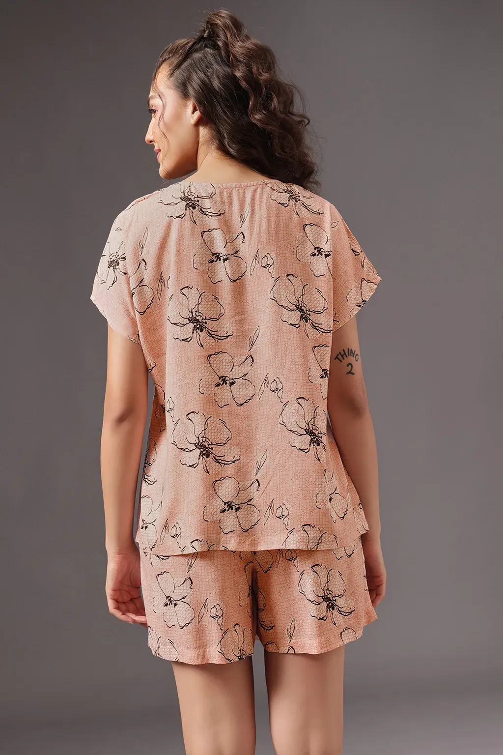 Floral Print Button-Down Shirt & Shorts Set in Peach Colour - Rayon image 5