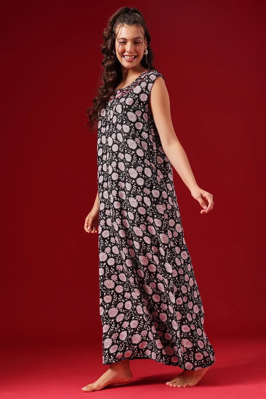 Floral Print Long Nighty in Black - Rayon image 4