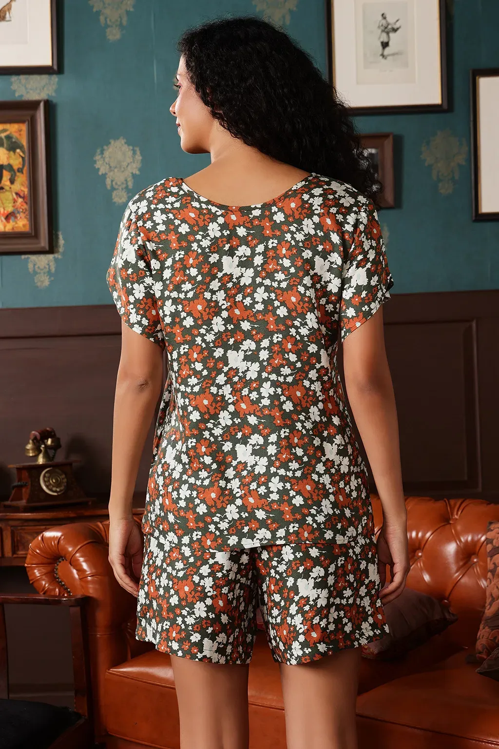 Floral Print Top & Shorts Set in Dark Green - Rayon