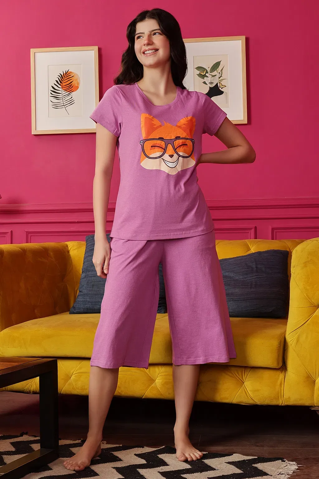 Fox Emoji Print Top & Solid Capri Set in Lilac - 100% Cotton image 5