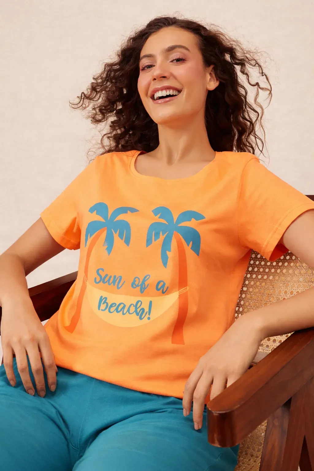 Graphic Print Top & Chic Basic Pyjama Set in Orange Colour - Cotton image 3