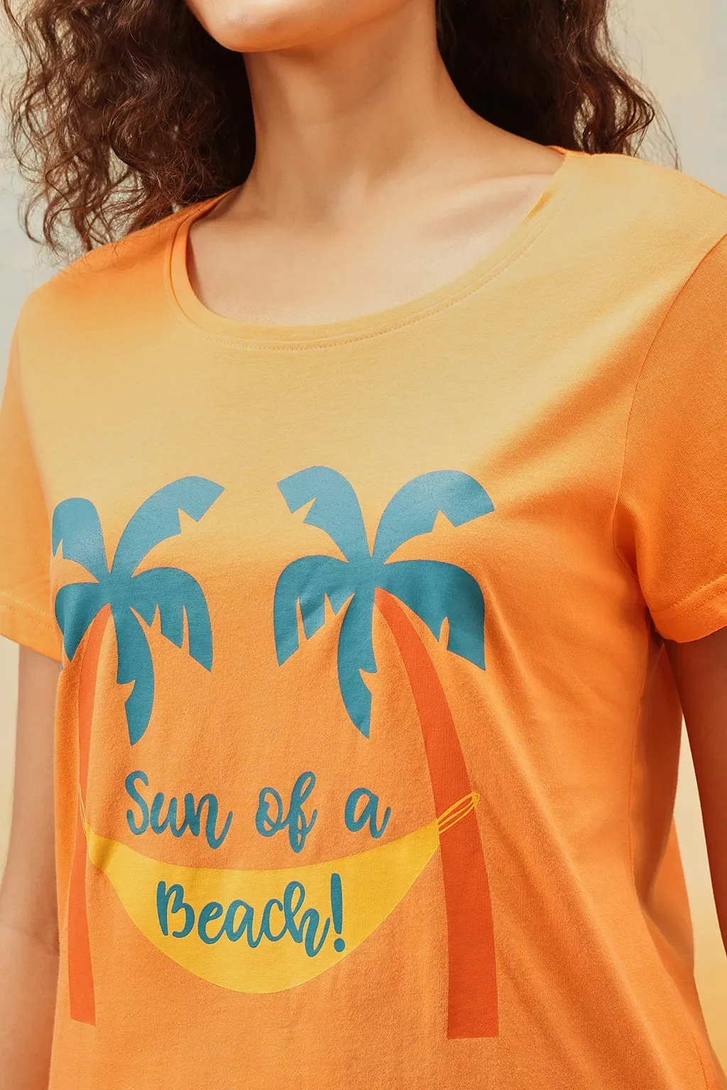 Graphic Print Top & Chic Basic Pyjama Set in Orange Colour - Cotton image 4