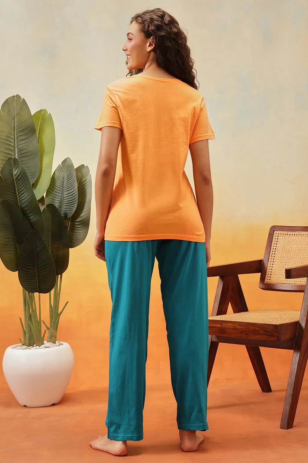 Graphic Print Top & Chic Basic Pyjama Set in Orange Colour - Cotton image 6