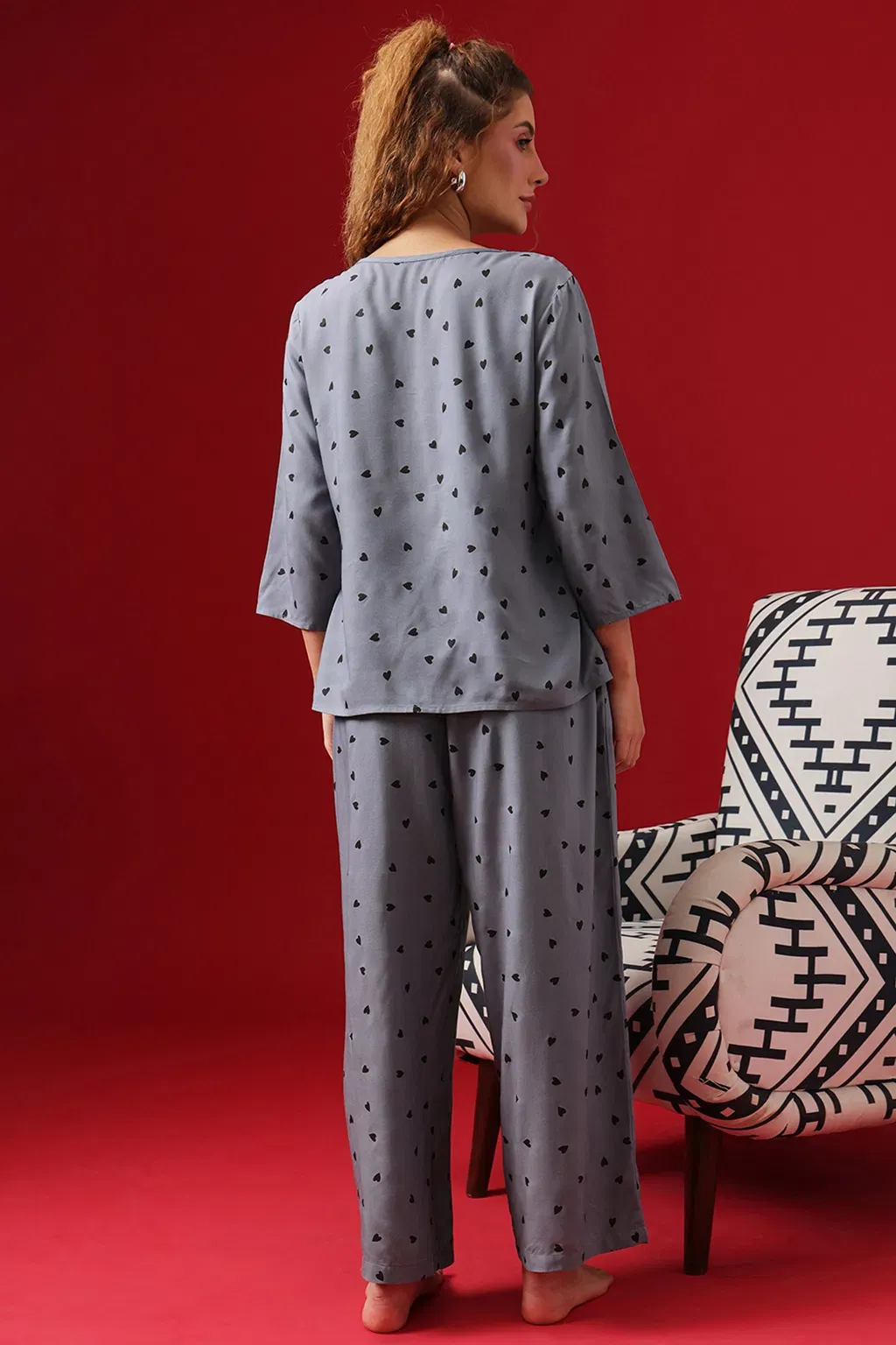 Heart Print Top & Pyjama in Powder Blue - Rayon