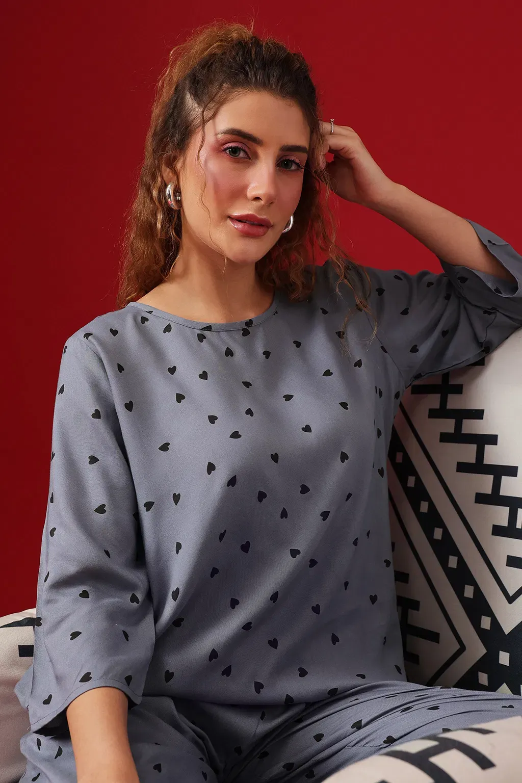 Heart Print Top & Pyjama in Powder Blue - Rayon image 4
