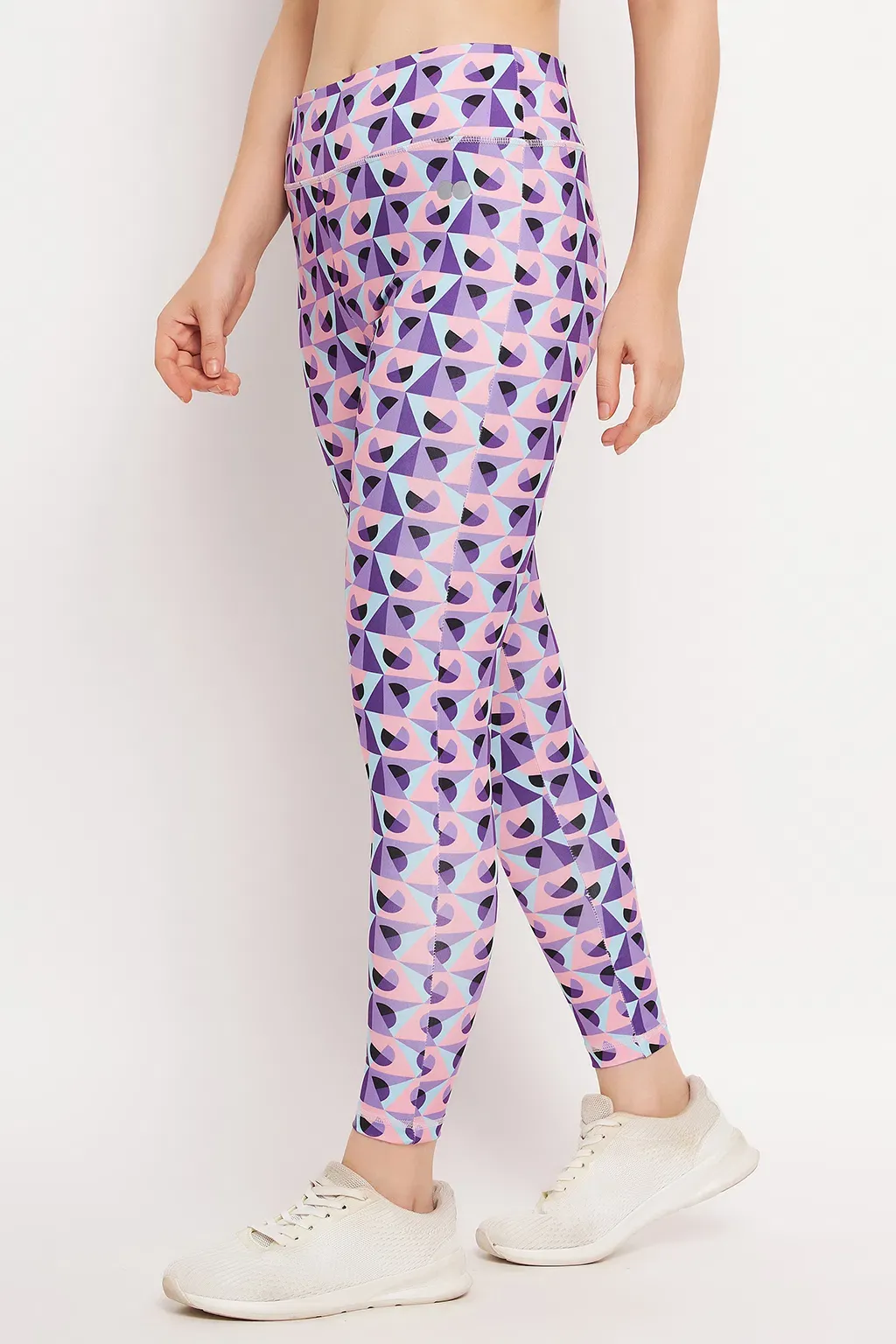 High Rise Geometric Print Active Tights in Purple with Side Pocket