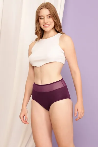High Waist Hipster Panty in Wine Colour with Powernet Panels - Cotton image 3
