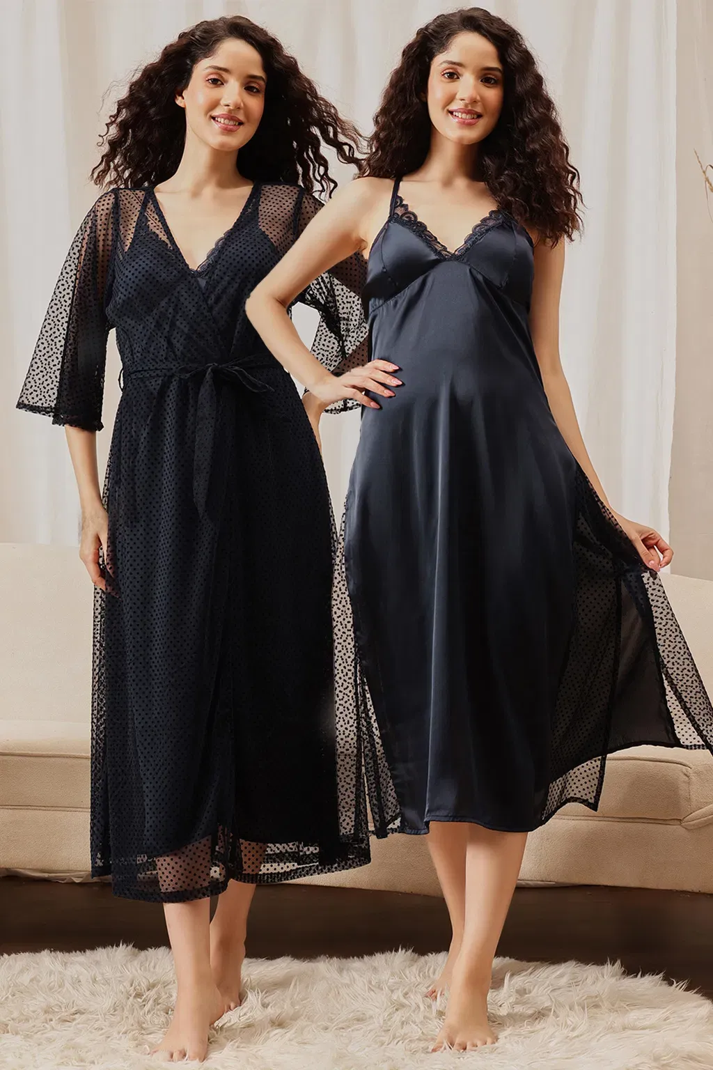 Long Nighty & Robe Set in Navy Colour - Satin & Georgette
