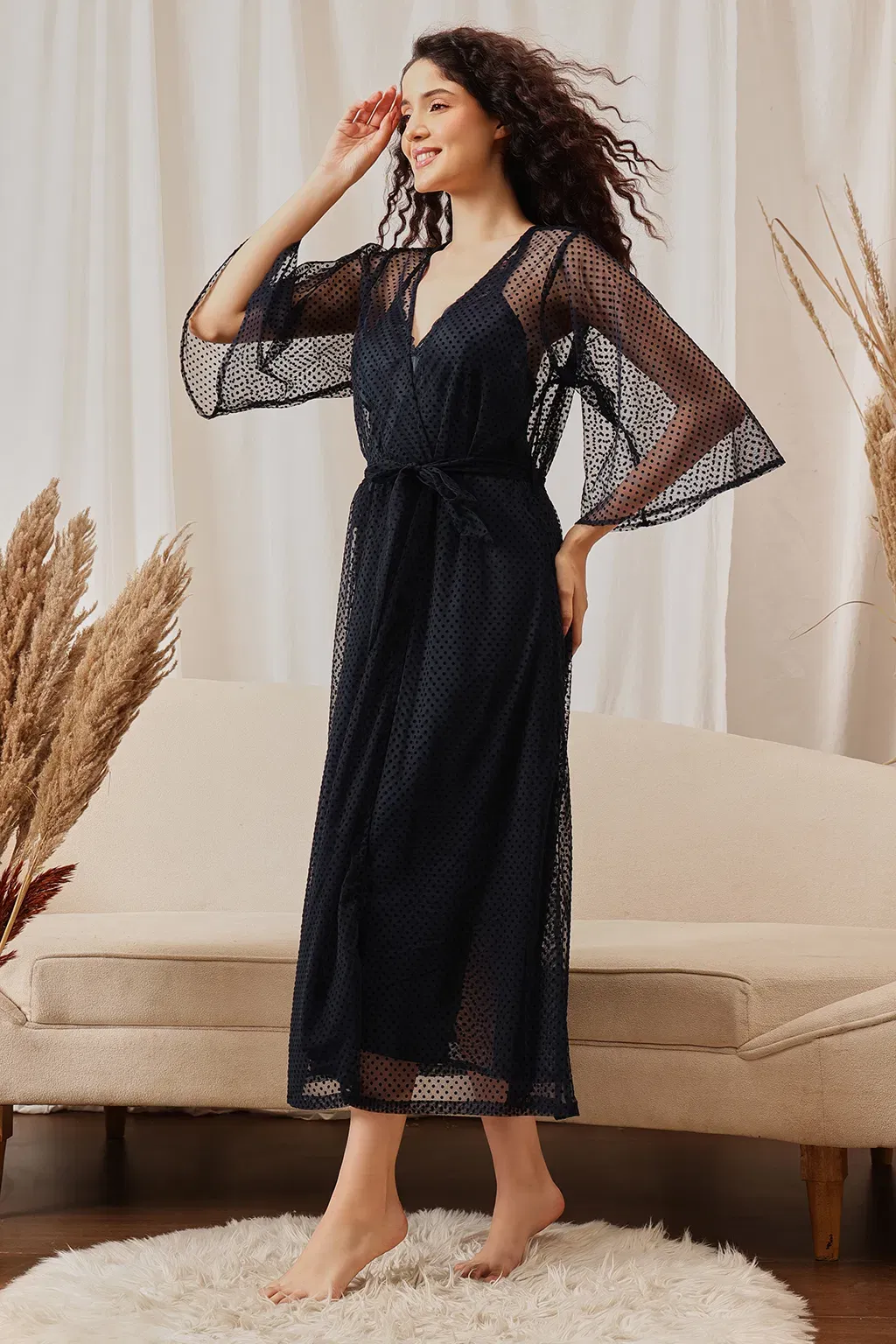 Long Nighty & Robe Set in Navy Colour - Satin & Georgette image 4