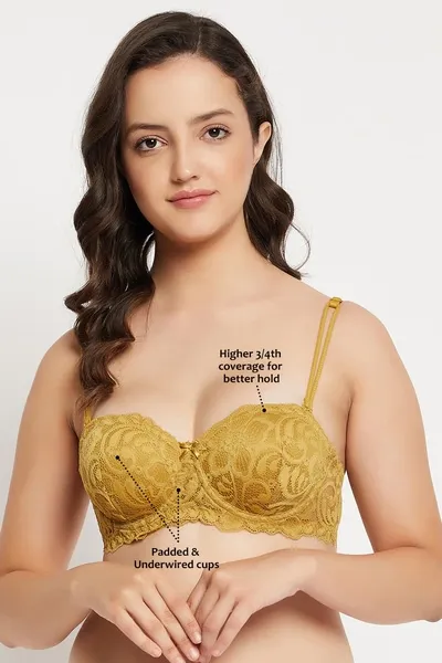 Padded Underwired Full Coverage Multiway Strapless Balconette Bra in Yellow - Lace image 2