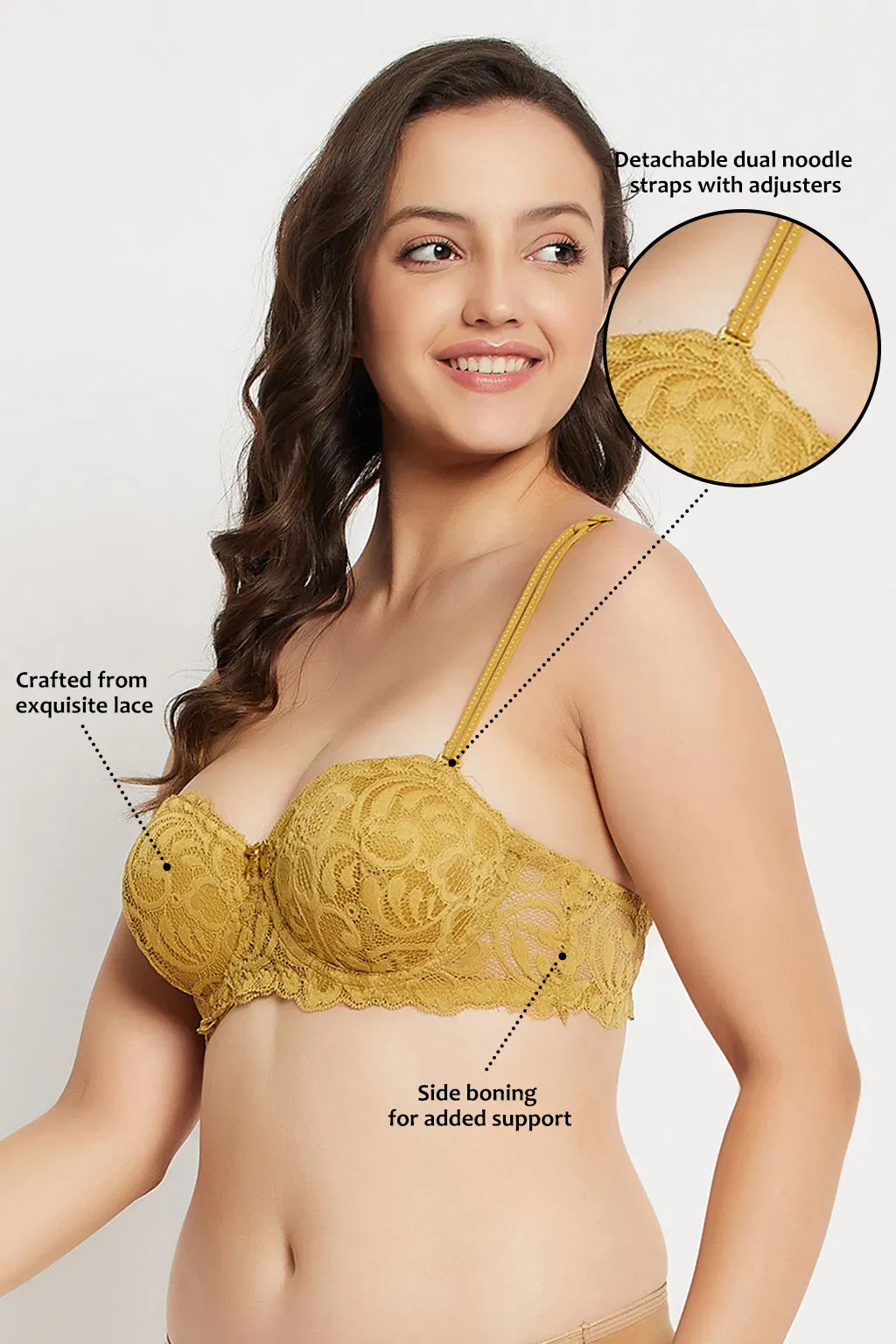 Padded Underwired Full Coverage Multiway Strapless Balconette Bra in Yellow - Lace image 5