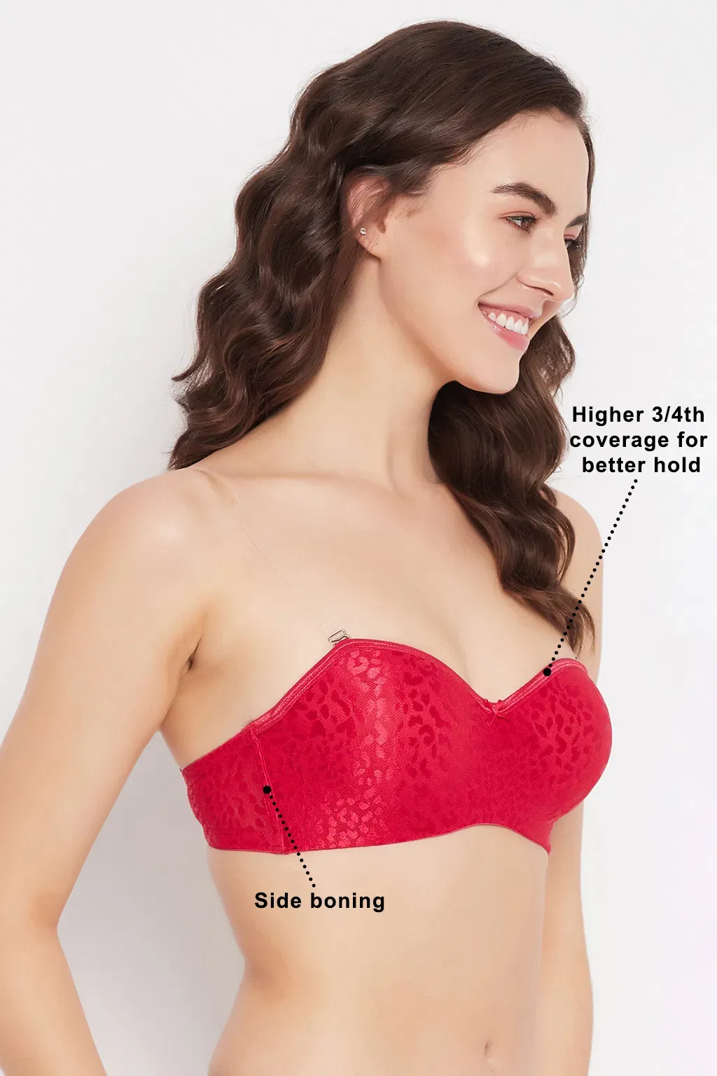 Padded Underwired Full Coverage Strapless Balconette Bra in Red - Lace image 4