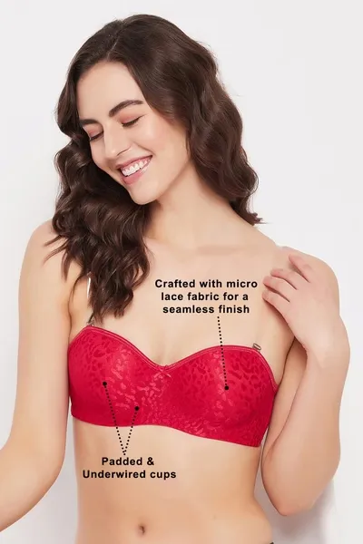Padded Underwired Full Coverage Strapless Balconette Bra in Red - Lace image 6