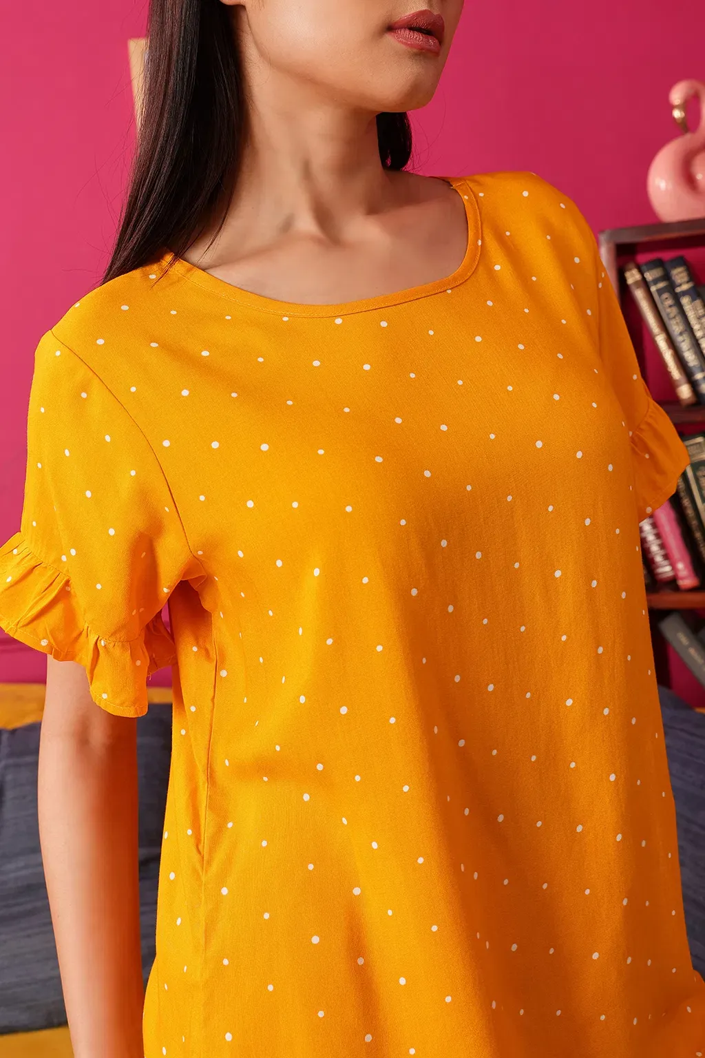 Polka Print Top & Pyjama Set in Mustard - Rayon image 2