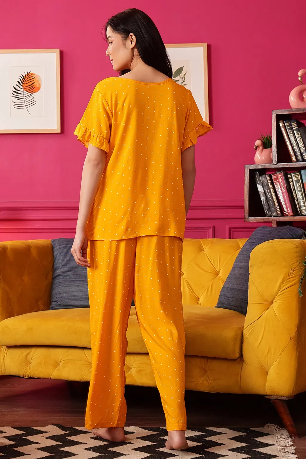 Polka Print Top & Pyjama Set in Mustard - Rayon image 3