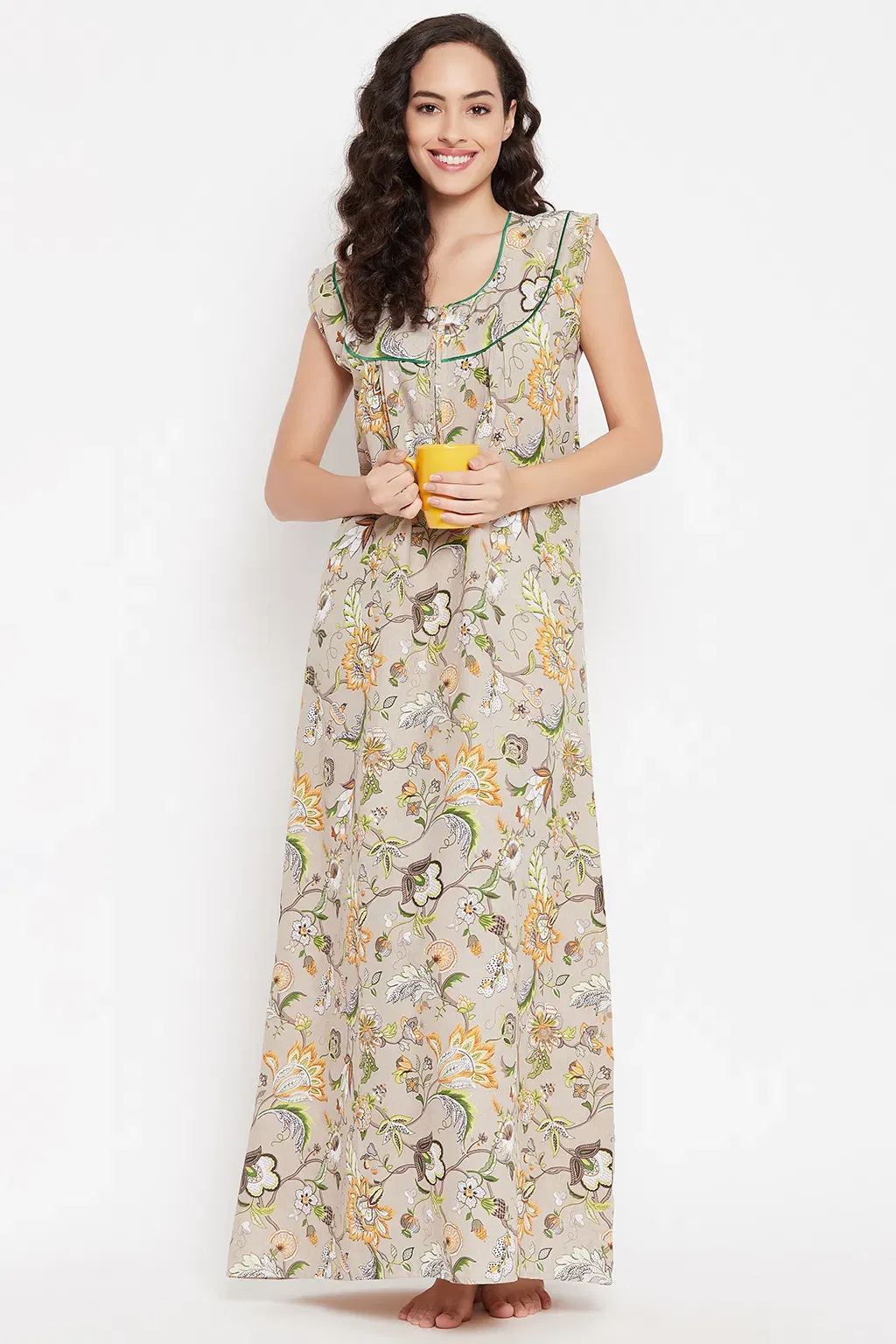 Pretty Florals Long Nighty in Beige - Cotton image 4