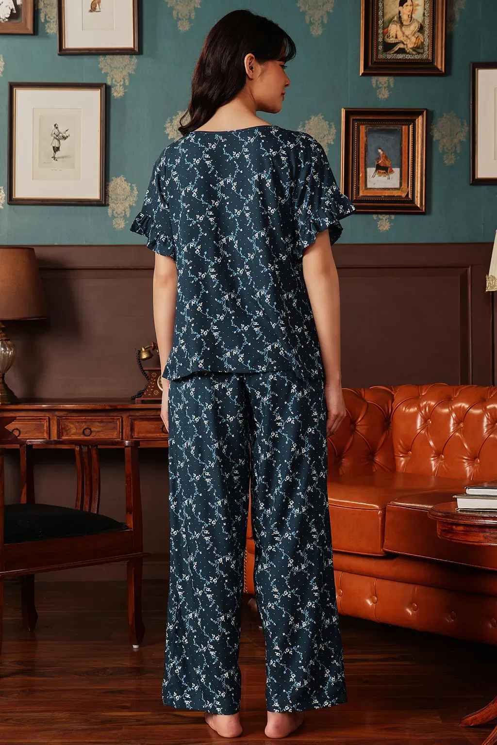 Pretty Florals Top & Pyjama Set in Teal Blue - Rayon image 2