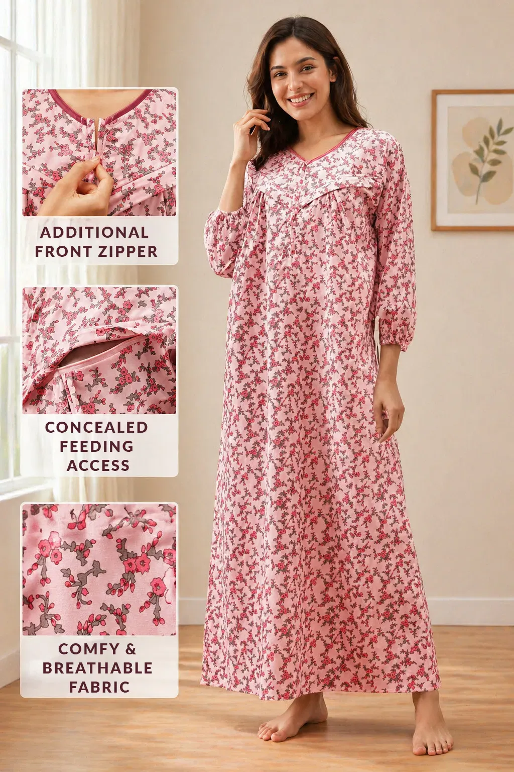 Print Me Pretty Feeding Long Nighty in Light Pink - 100% Cotton