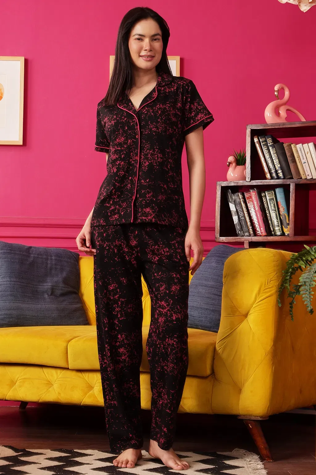 Printed Button Down Night Suit in Black - 100% Cotton image 2