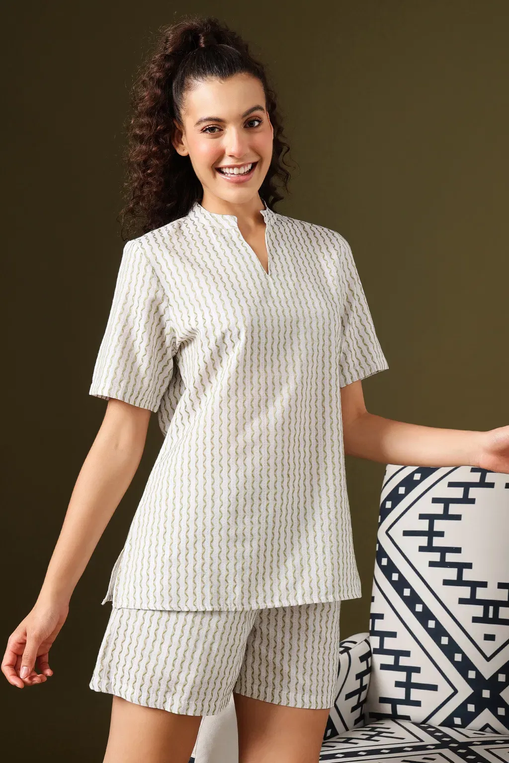 Printed Kurta Top & Shorts Set in Sage Green - Cotton image 5