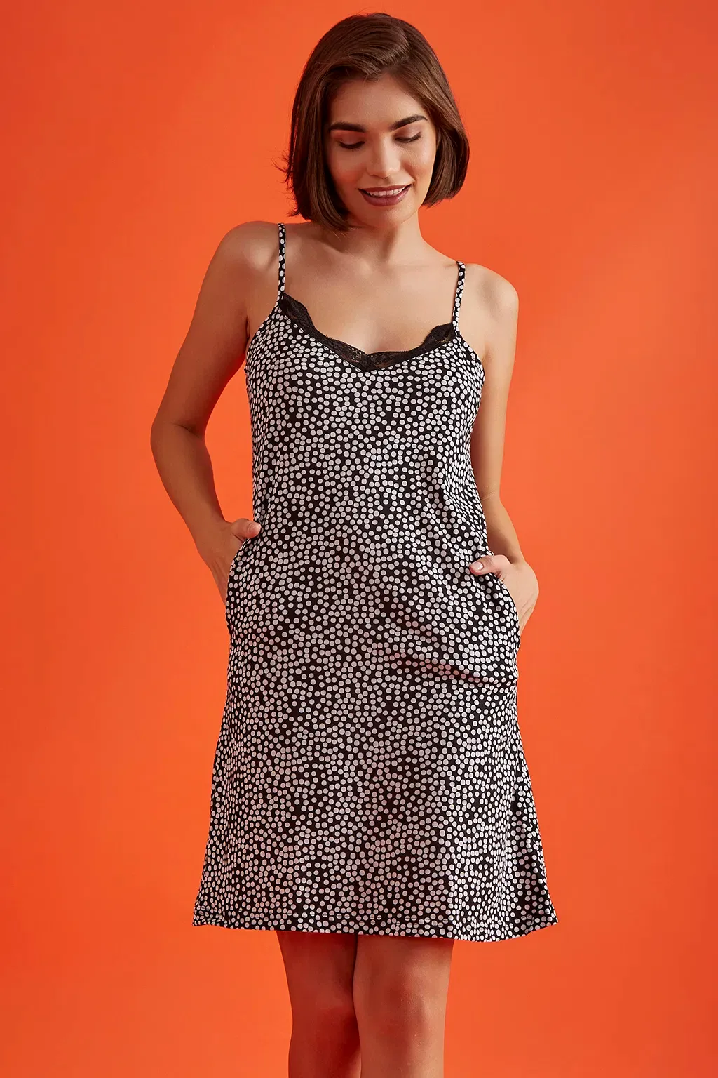 Printed Short Nighty in Black- Cotton Rich image 2