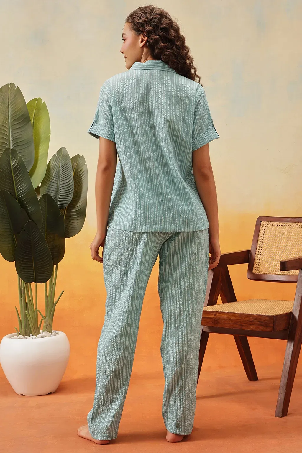 Sassy Stripes Button Down Night Suit in Cyan Blue - Cotton