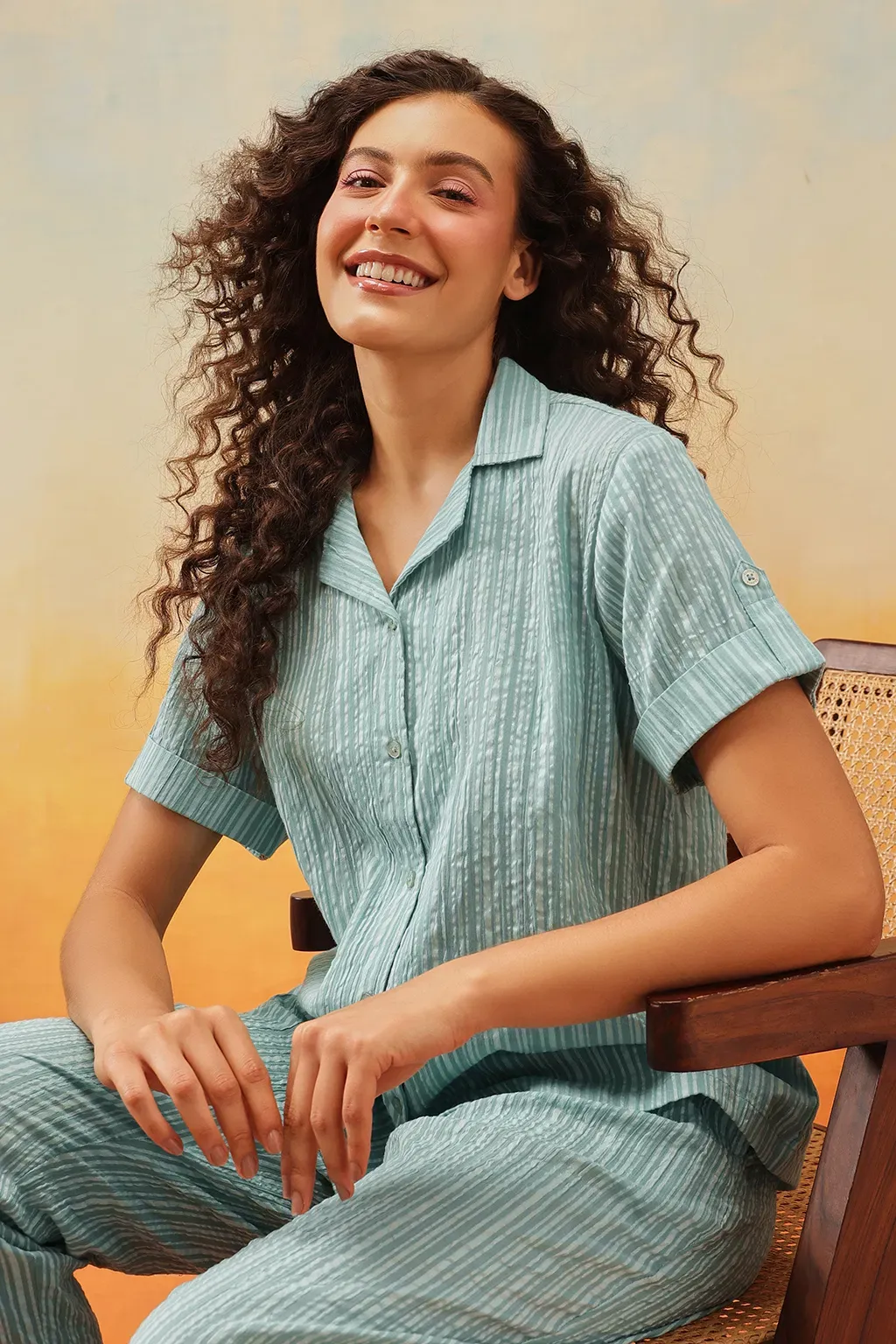 Sassy Stripes Button Down Night Suit in Cyan Blue - Cotton image 2