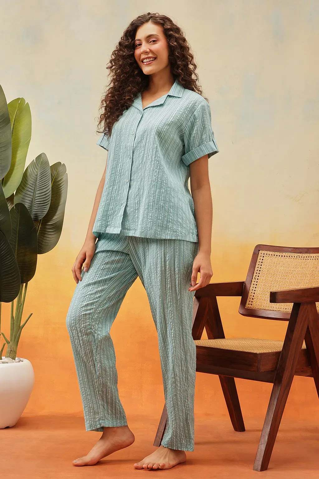 Sassy Stripes Button Down Night Suit in Cyan Blue - Cotton image 4