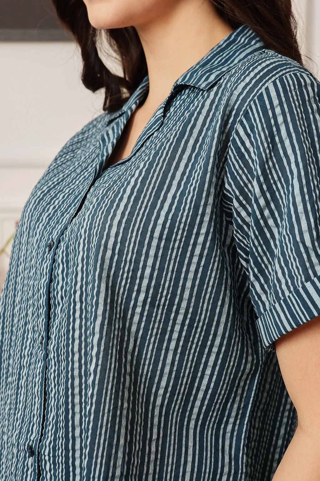 Sassy Stripes Button Down Night Suit in Navy - Cotton image 3